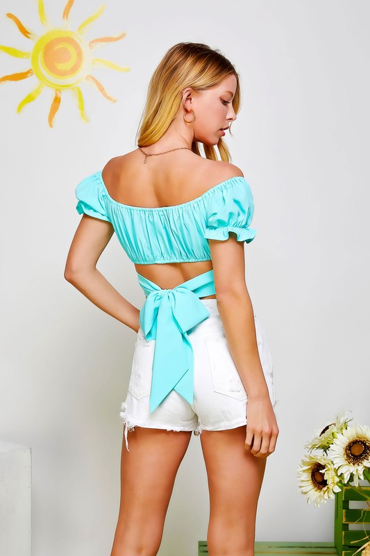 Women's Pleated Off Shoulder Crop Top with Back Ribbon Tie