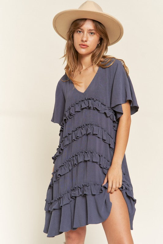 Women's Tiered Ruffle Mini Dress with Flare Sleeves