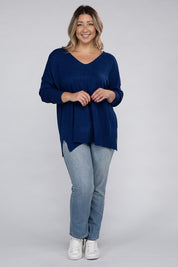 Women's Plus Oversized V-Neck Garment Dyed Sweater