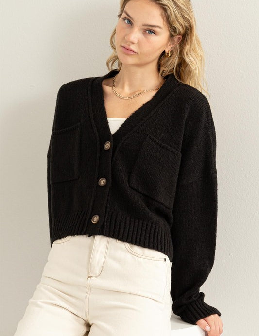 Women's Cropped V-Neck Cardigan Sweater with Button Closure