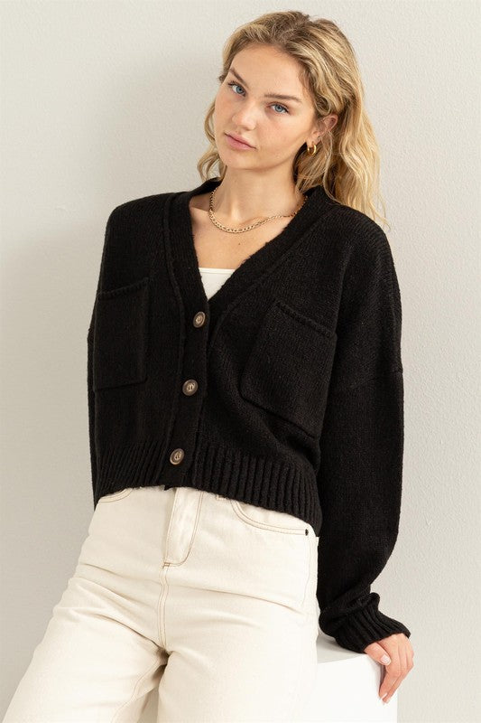 Women's Cropped V-Neck Cardigan Sweater with Button Closure