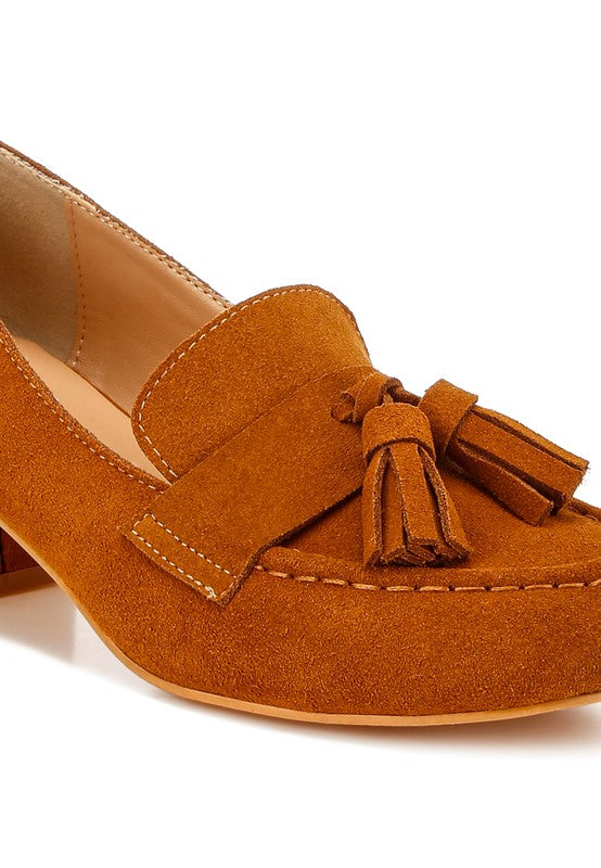 Women's Casual Genuine Suede Block Heel Loafers with Tassels