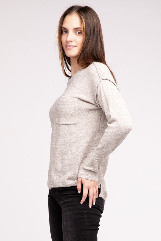 Women's Casual Melange Hi-Low Hem Round Neck Sweater