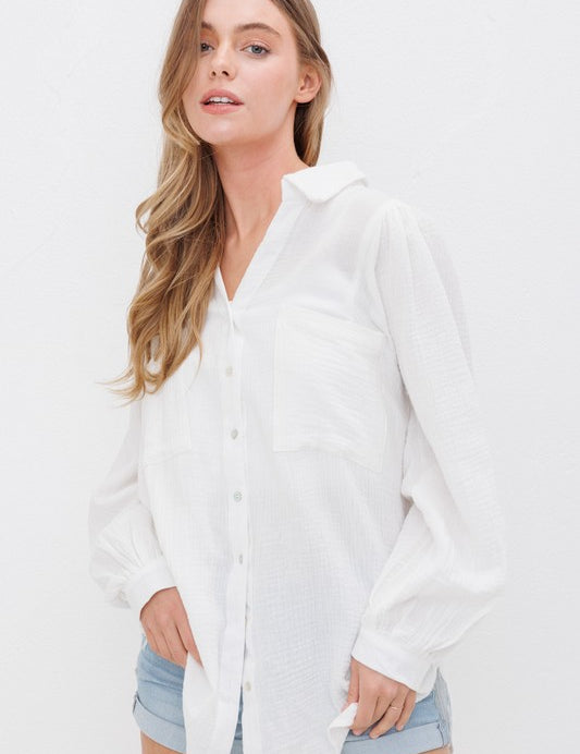 Women's Textured Gauze Button Down Blouse Top