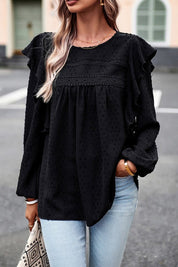 Women's Ruffle Shoulder Eyelet Long Sleeve Blouse