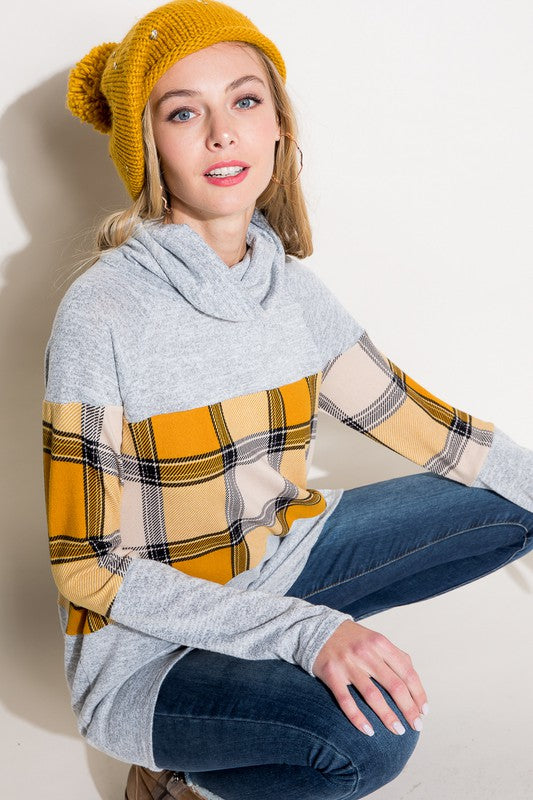 Women's Casual Loose Fit Plaid Mixed Turtle Neck Top