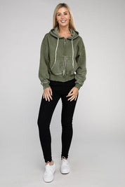 Women's Relaxed Fit Acid Wash Fleece Cropped Zip-Up Hoodie