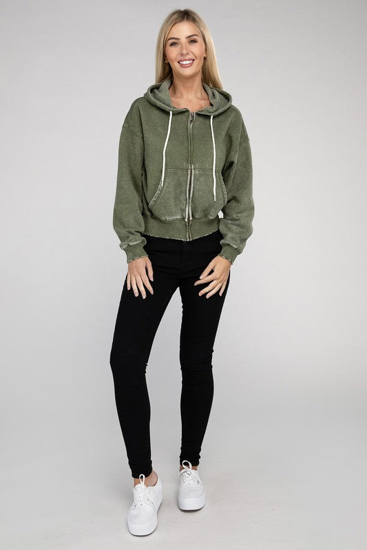 Women's Relaxed Fit Acid Wash Fleece Cropped Zip-Up Hoodie