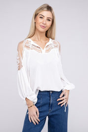 Women's Lace Patchwork Tie Neck Long Sleeve Blouse