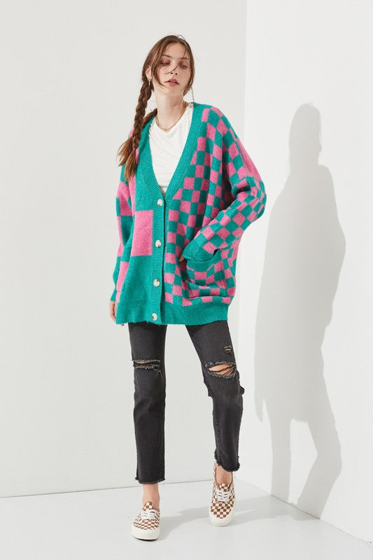 Women's Checkered Oversized Sweater with Button Closure