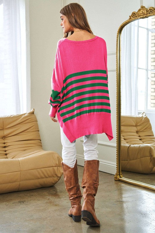 Women's Loose Fit Multi-Striped Elbow Patch Sweater Top