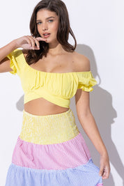 Women's Pleated Off Shoulder Crop Top with Back Ribbon Tie