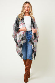 Women's Casual Multi Color Plaid Fringe Trim Poncho Shawl