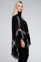 Women's Stretch Plaid Turtleneck Knit Poncho