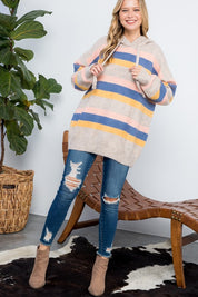 Women's Oversized Multi Stripe Pullover Hoodie Sweater