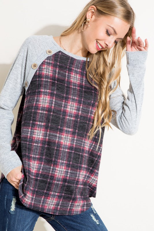 Women's Casual Plaid Mixed Button Detail Long Sleeve Top