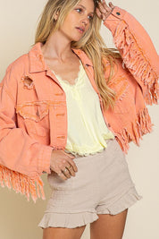 Women's Cropped Fringe Distressed Denim Jacket