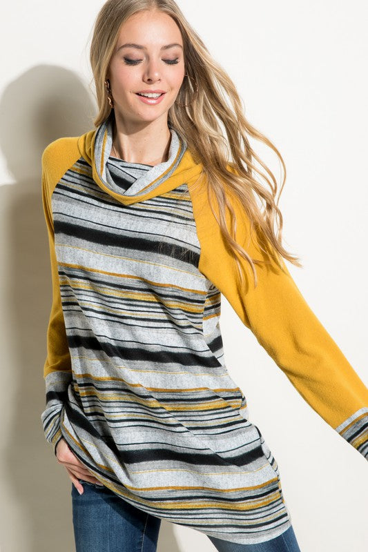 Women's Casual Multi Stripe Turtle Neck Tunic Top