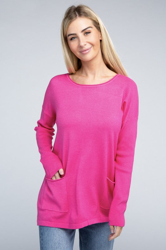 Women's Relaxed Viscose Sweater with Front Pockets