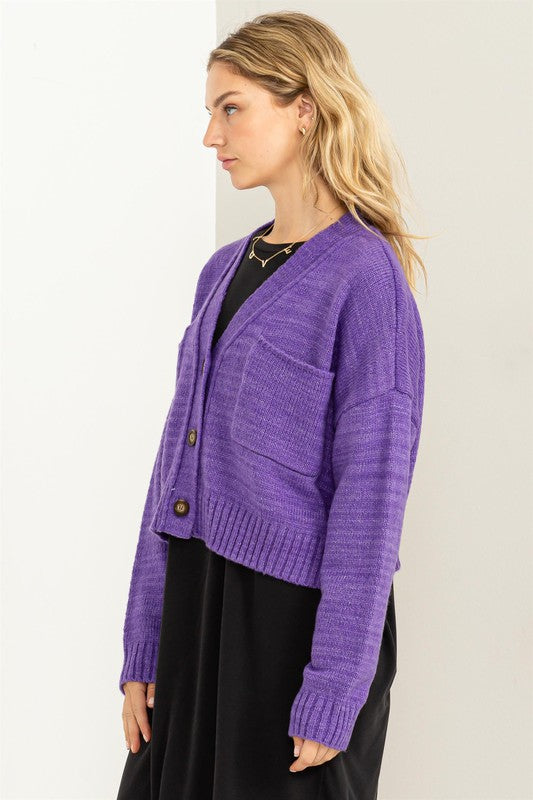 Women's Cropped V-Neck Cardigan Sweater with Button Closure