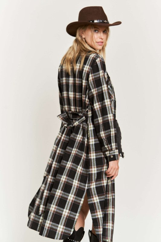 Women's Belted Plaid Print Long Shirt Dress