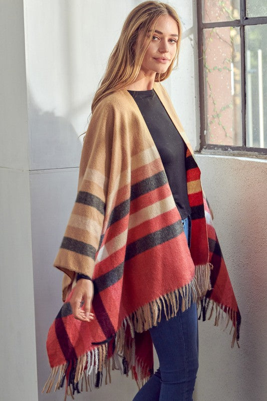 Women's Fringe Trim Plaid Poncho Shawl