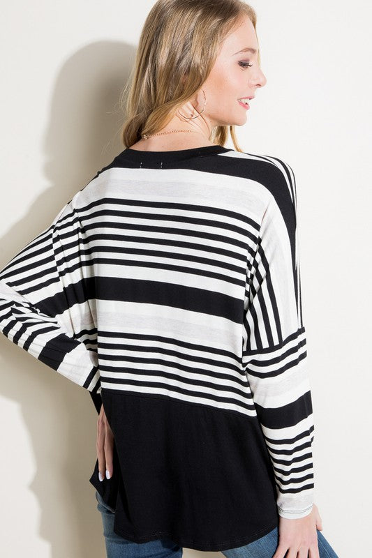 Women's Loose Fit Stripe and Solid Long Sleeve Top