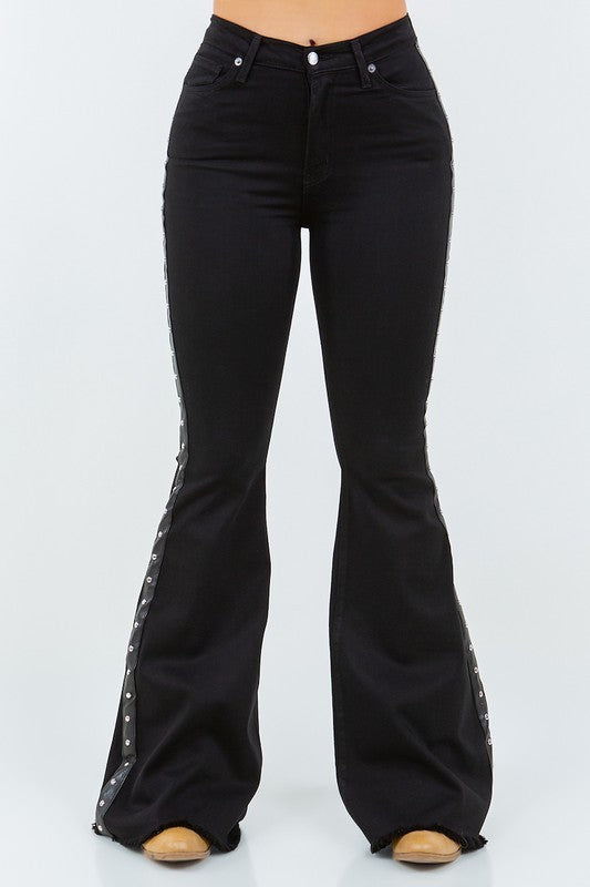 Women's High Rise Bell Bottom Jeans with Side Studs