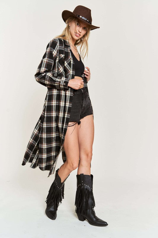 Women's Belted Plaid Print Long Shirt Dress