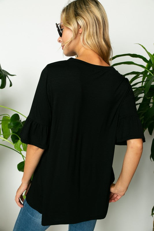 Women's Solid Ruffle Sleeve Loose Fit Top