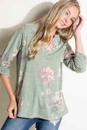 Women's Casual Floral Split Neck Long Sleeve Top