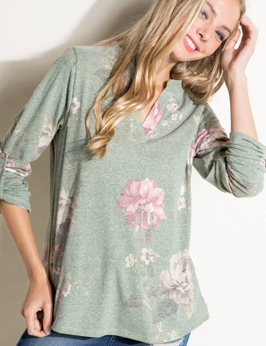 Women's Casual Floral Split Neck Long Sleeve Top