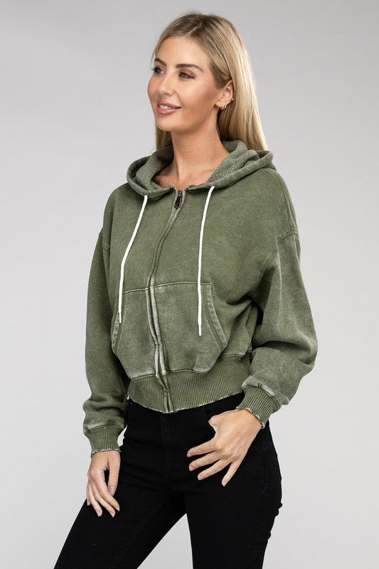 Women's Relaxed Fit Acid Wash Fleece Cropped Zip-Up Hoodie