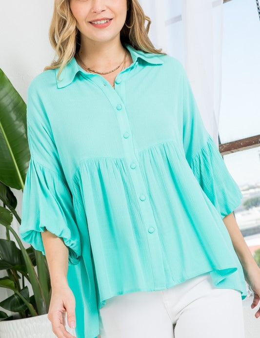 Women's Casual Solid Button Down Babydoll Blouse