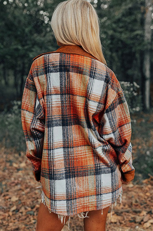 Women's Plaid Corduroy Patchwork Shacket with Chest Pockets