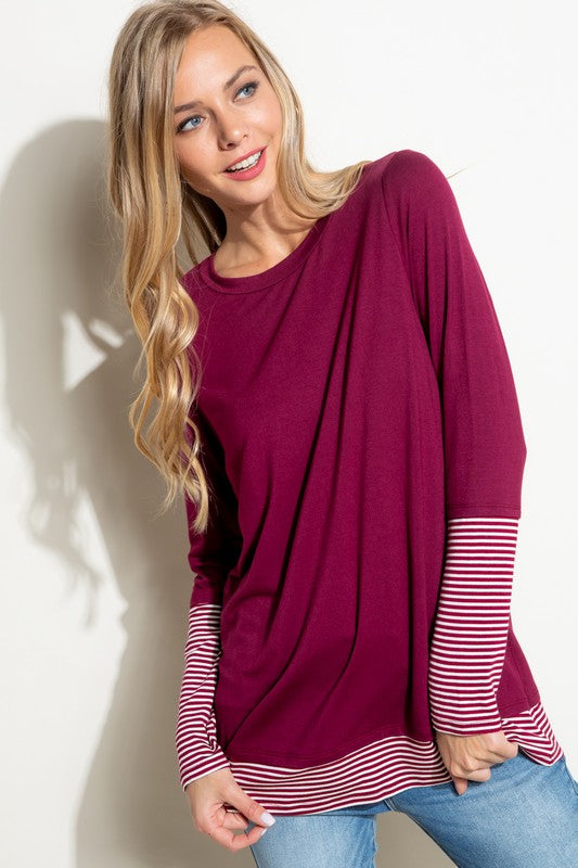 Plus Size Casual Pin Stripe Mixed Long Sleeve Top