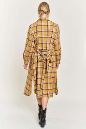 Women's Belted Plaid Print Long Shirt Dress