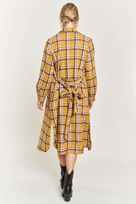 Women's Belted Plaid Print Long Shirt Dress