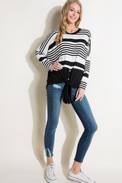 Women's Loose Fit Stripe and Solid Long Sleeve Top