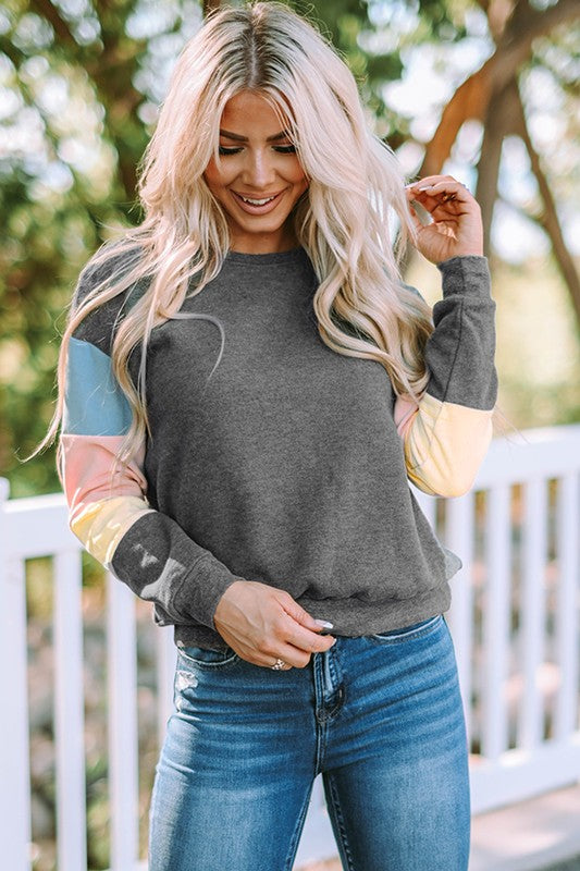 Women's Gray Colorblock Long Sleeve Pullover Sweatshirt