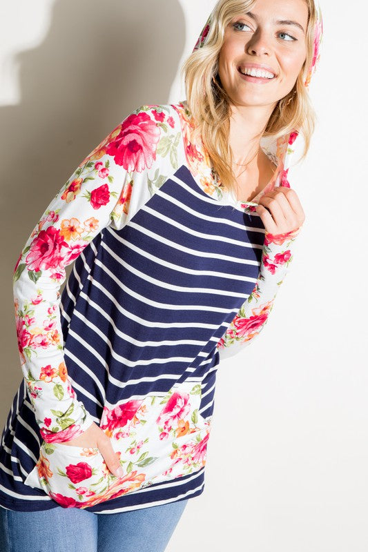 Women's Stripe Floral Mix Hoodie Top