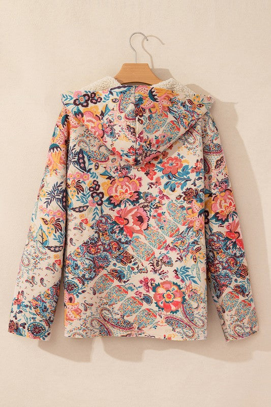 Women's Hooded Floral Sherpa Lined Jacket