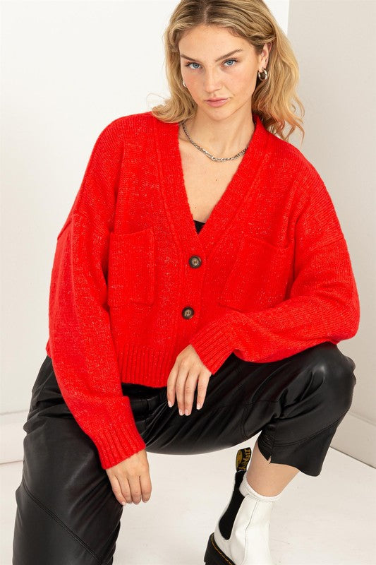 Women's Cropped V-Neck Cardigan Sweater with Button Closure