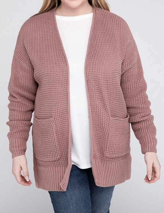 Plus Low Gauge Waffle Open Cardigan Sweater