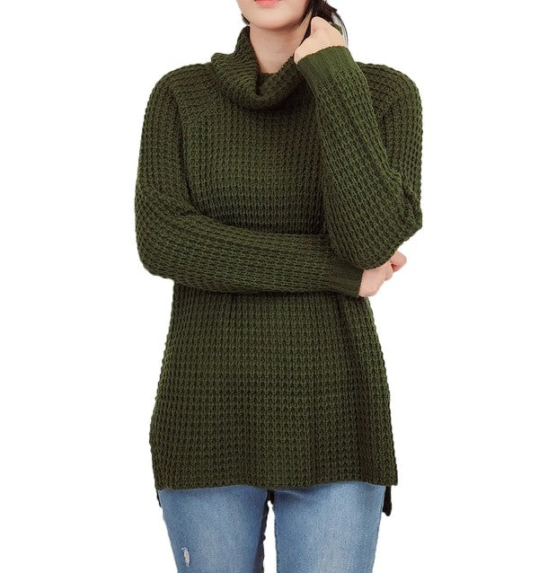 Women's Oversized Cowl Neck Popcorn Knit Tunic Sweater