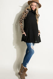 Women's Brushed Hacci Cheetah Print and Solid Mixed Turtle Neck Tunic Top