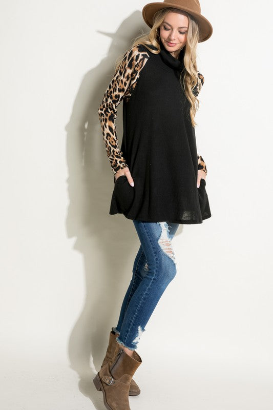 Women's Brushed Hacci Cheetah Print and Solid Mixed Turtle Neck Tunic Top