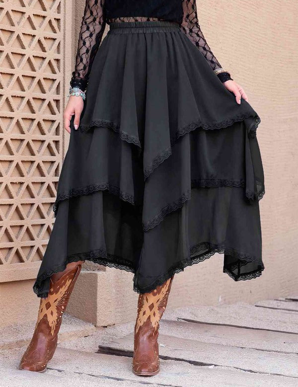 Women's Casual Tiered Midi Skirt with Lace Details