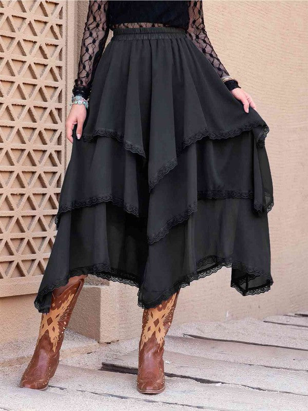 Women's Casual Tiered Midi Skirt with Lace Details