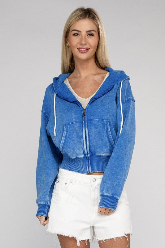 Women's Relaxed Fit Acid Wash Fleece Cropped Zip-Up Hoodie